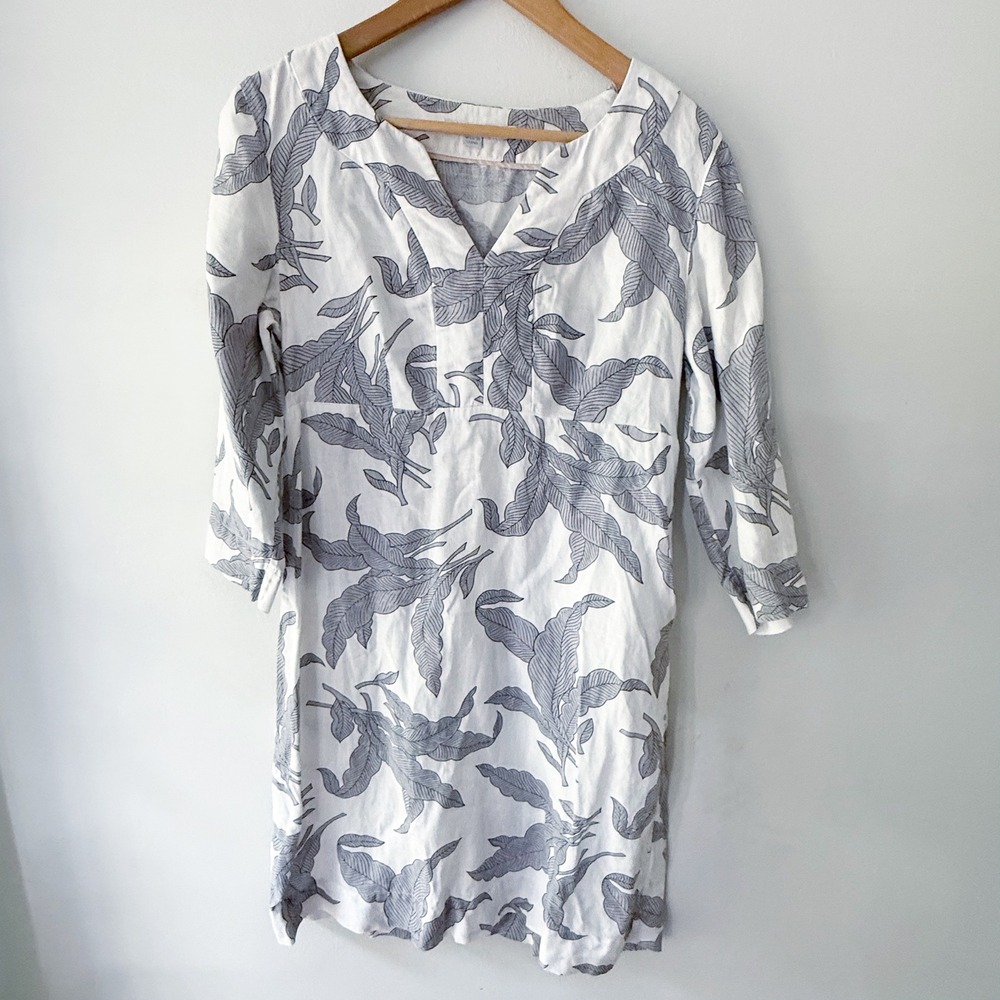Boden Tunic Dress Womens 8 White Blue Leaf Print 100% Linen Boho Coastal Summer
